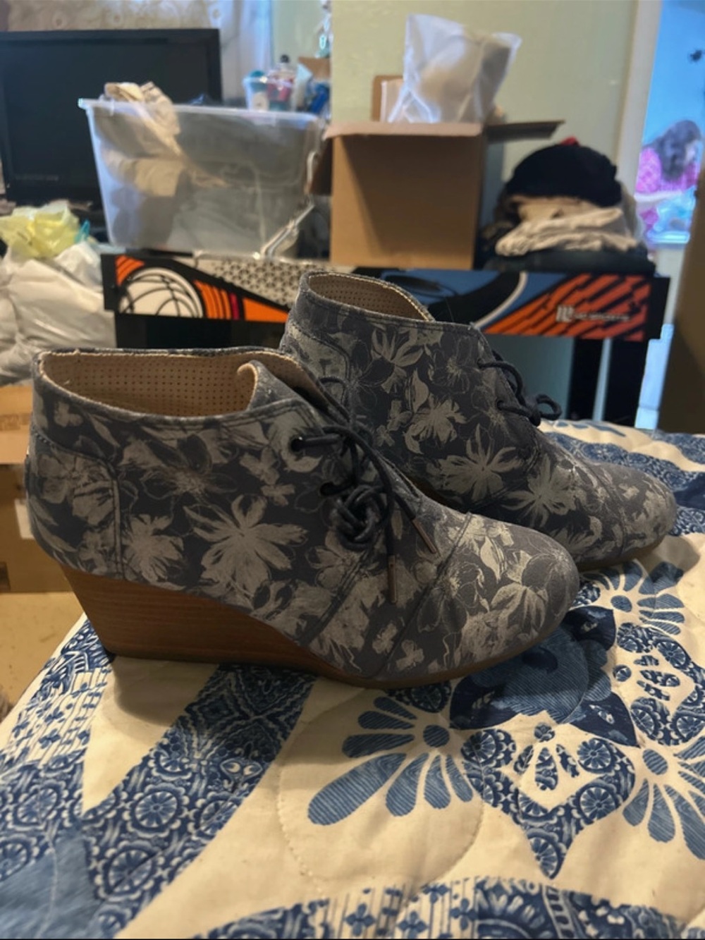 Toms Gray Floral Lace-Up Wedge Booties